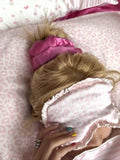 Silk Eye Mask Pink Leopard - model wearing pink silk sleep mask with silk scrunchie