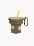 Mint and brown collapsible silicone travel cup with straw and metal carabiner