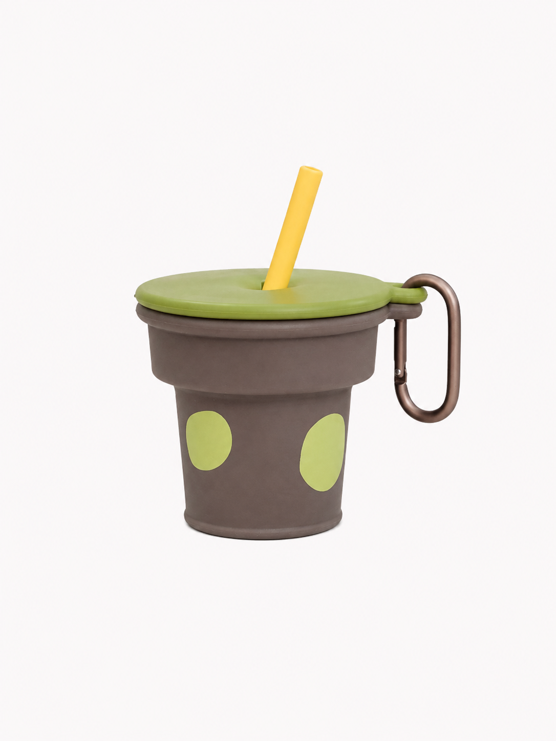 Mint and brown collapsible silicone travel cup with straw and metal carabiner