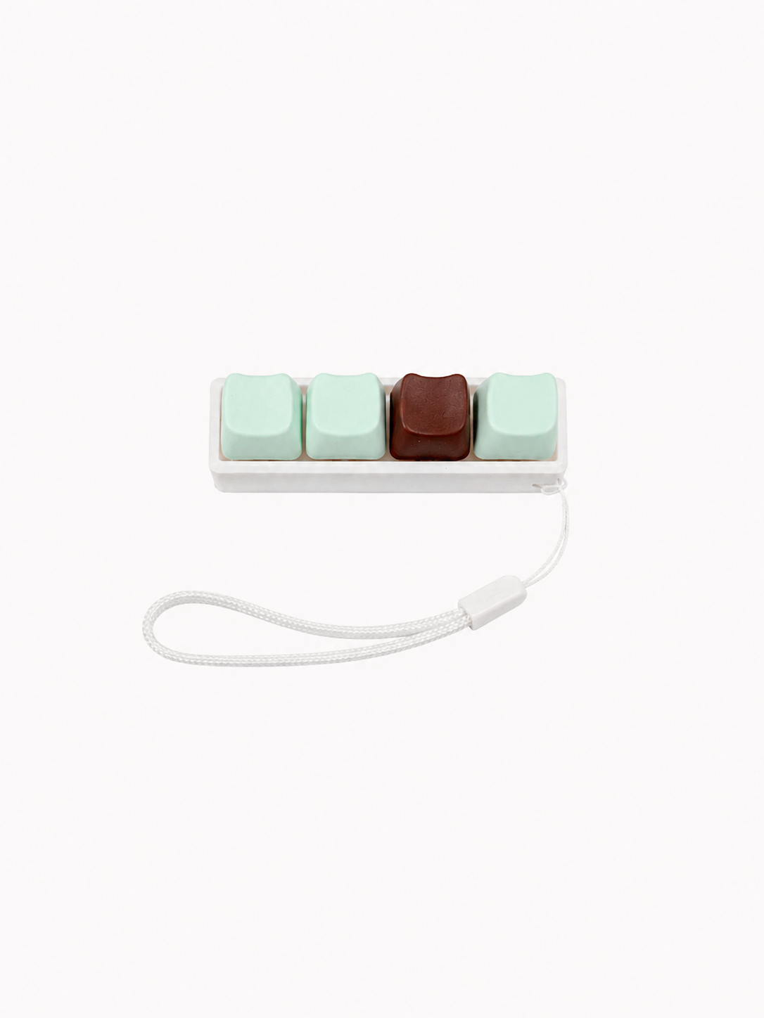 Mint and brown four-key keyboard clicker fidget keychain with wrist strap